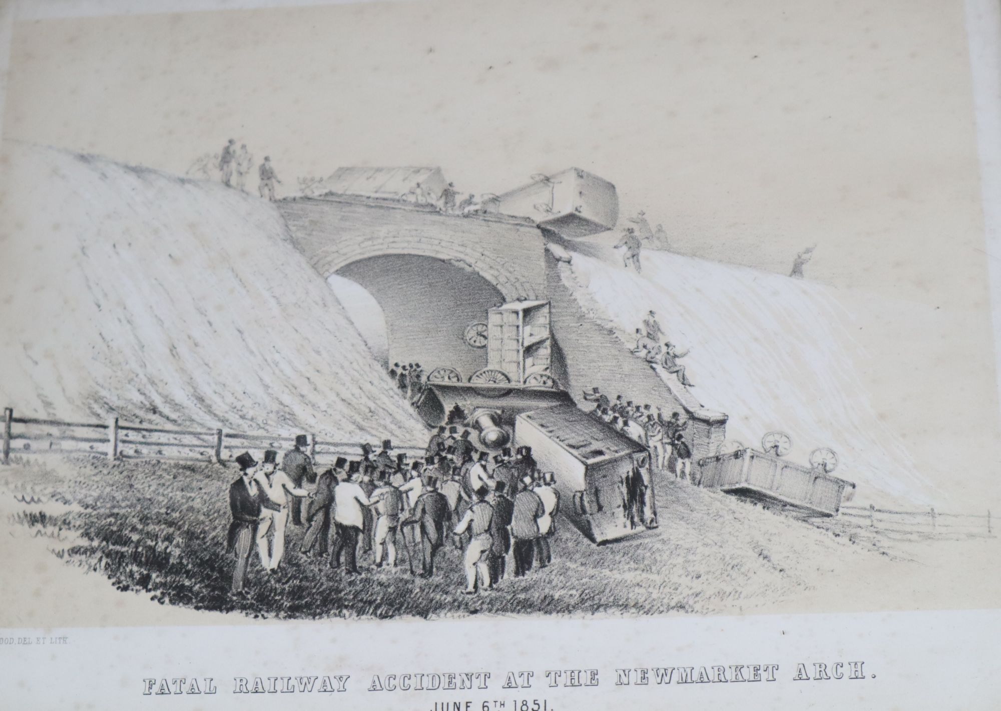 A group of assorted 19th century and later watercolours and prints, depicting scenes in and around Lewes, including Fatal Railway Acci